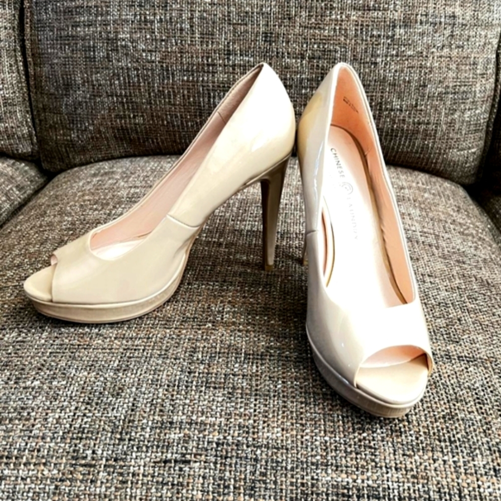 Chinese Laundry Nude Patent Peep-Toe Heels - Glossy Neutral Pumps - Picture 7 of 12